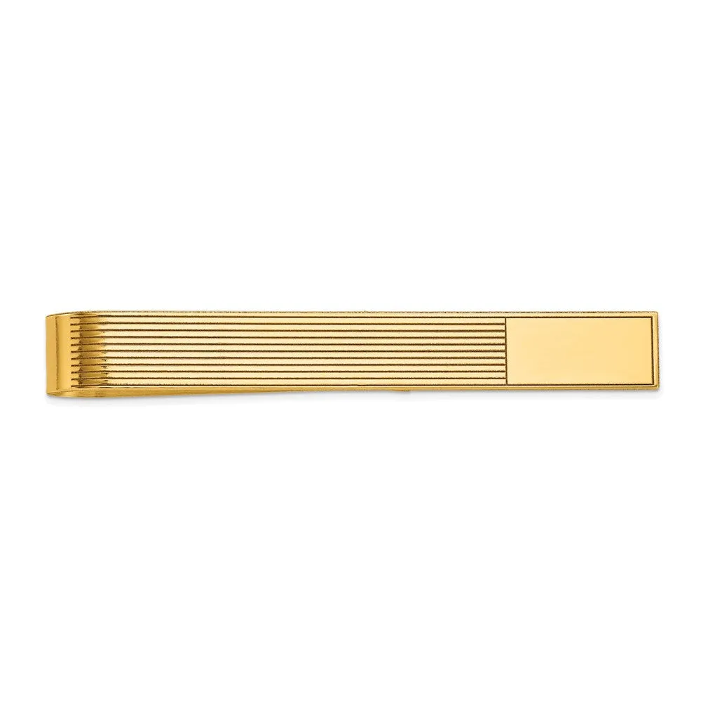 14K Yellow Gold Engravable Grooved Striped Tie Bar, 6.5 x 50mm