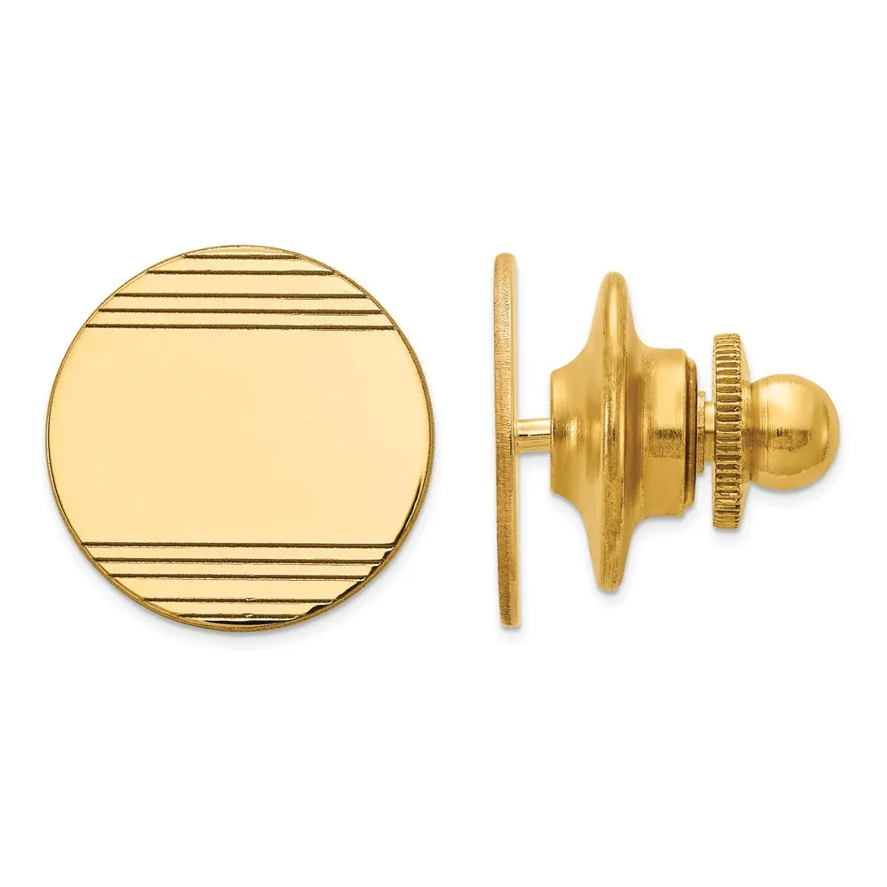 14K Yellow Gold Striped Round Disc Lapel or Tie Pin, 13mm