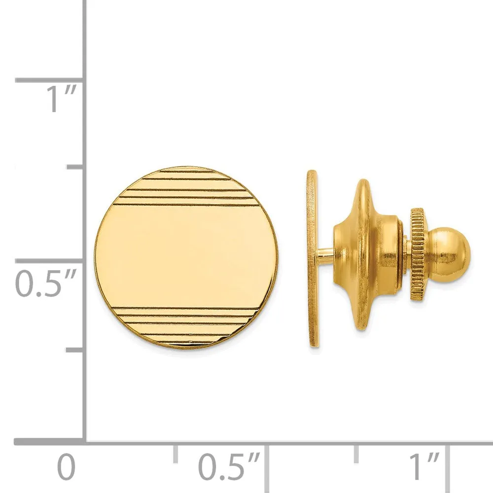 14K Yellow Gold Striped Round Disc Lapel or Tie Pin, 13mm