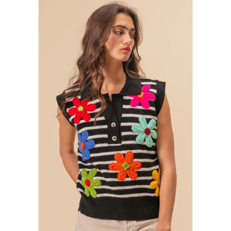 BiBi Flower Patch Striped Half Button Sweater Vest