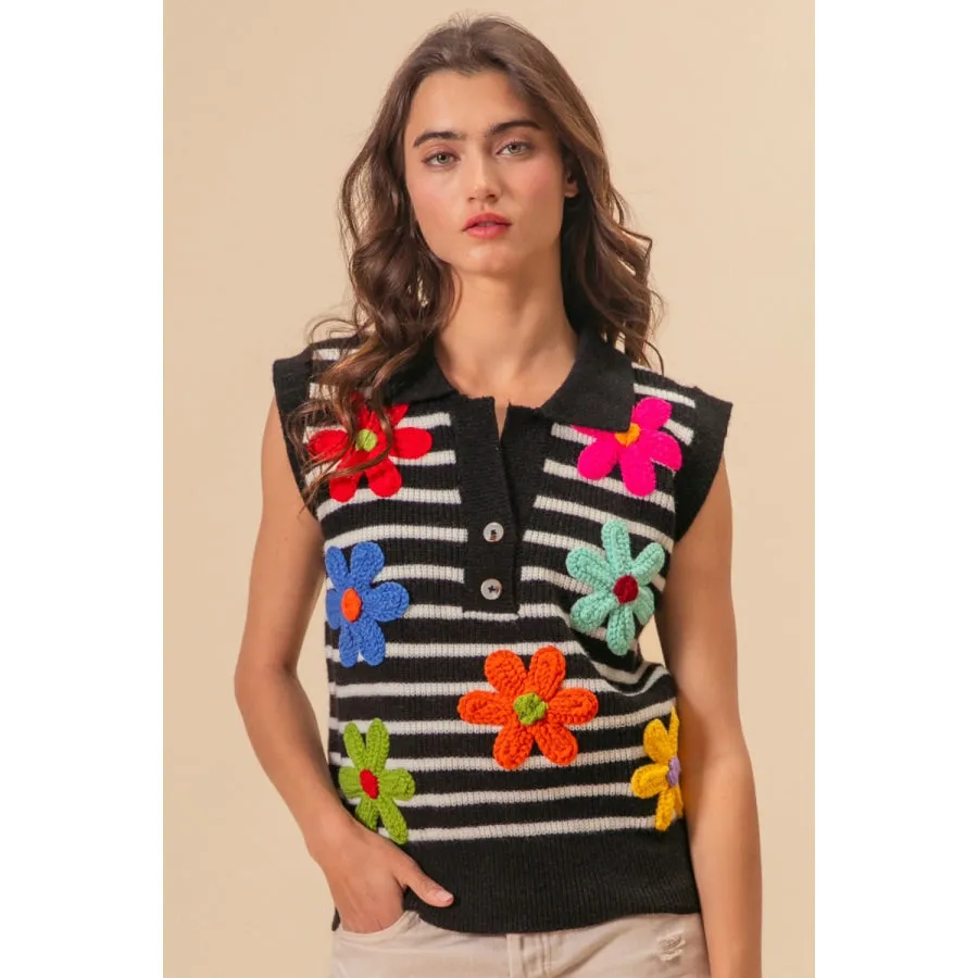 BiBi Flower Patch Striped Half Button Sweater Vest