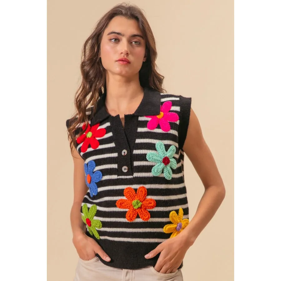 BiBi Flower Patch Striped Half Button Sweater Vest