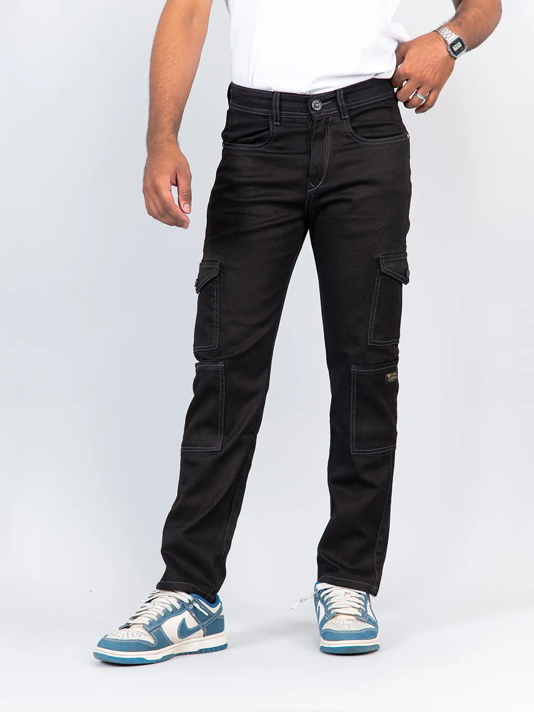 Black Straight Fit Cargo Denim Jeans