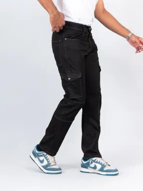 Black Straight Fit Cargo Denim Jeans