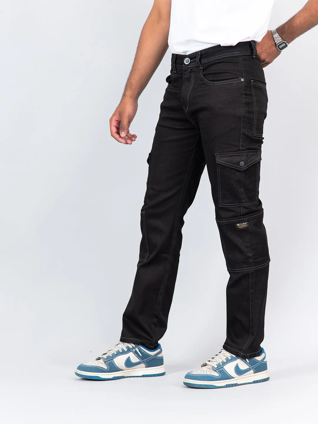 Black Straight Fit Cargo Denim Jeans