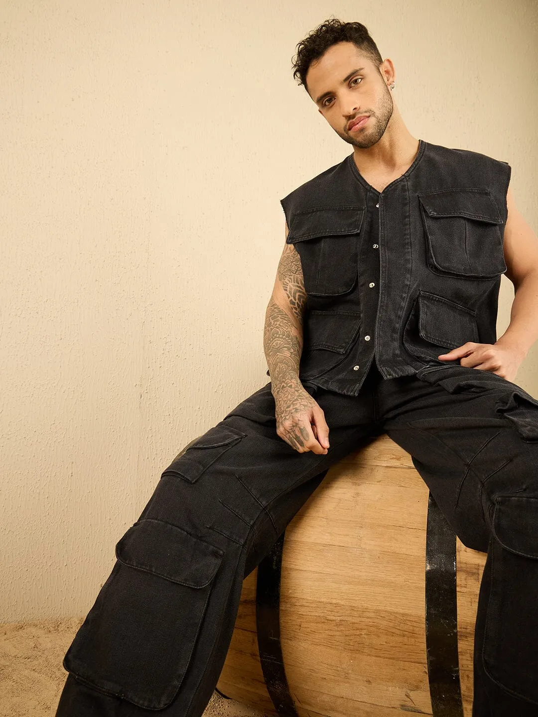 Black Wash Denim Utility Sleeveless Jacket