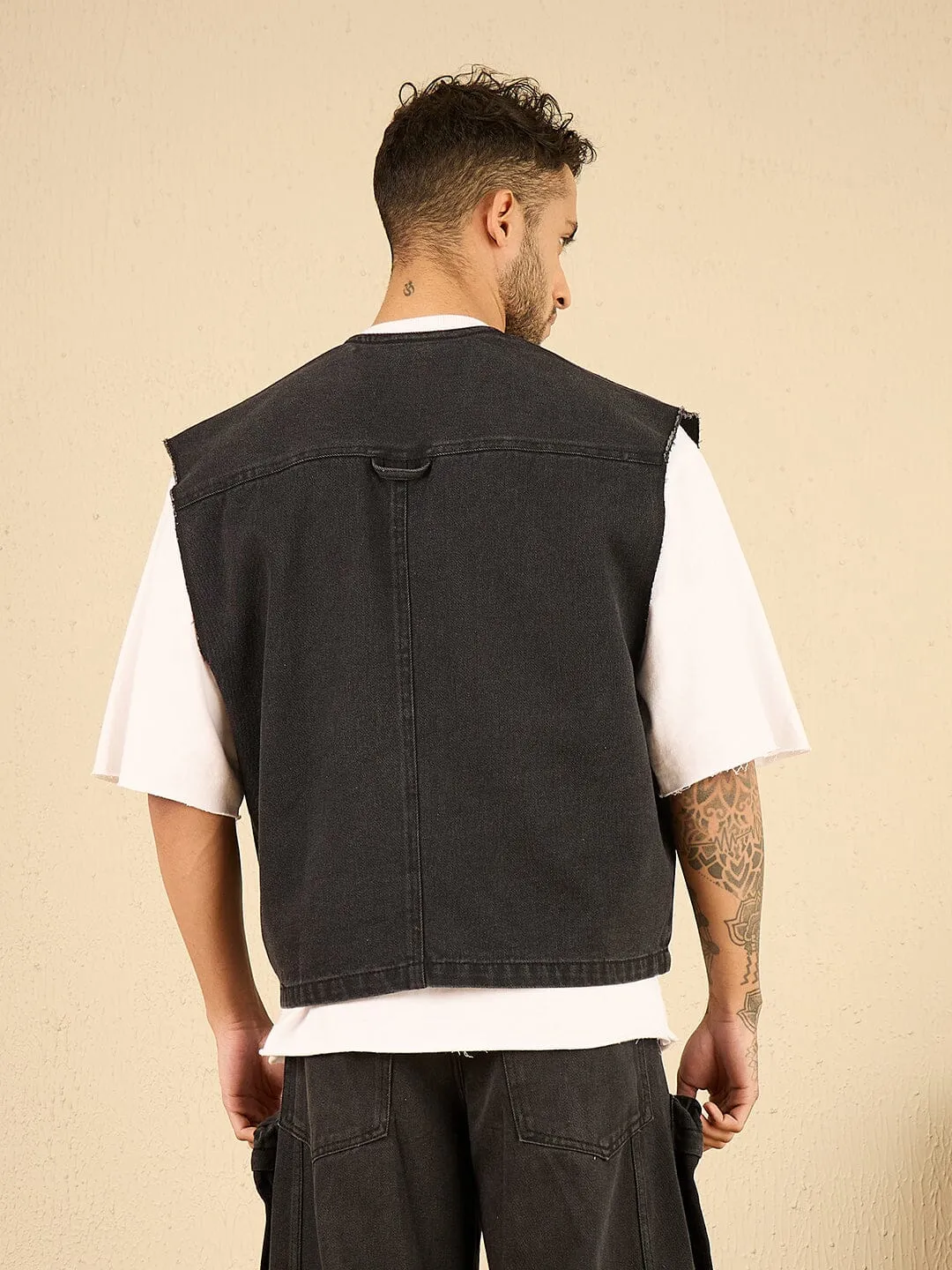 Black Wash Denim Utility Sleeveless Jacket