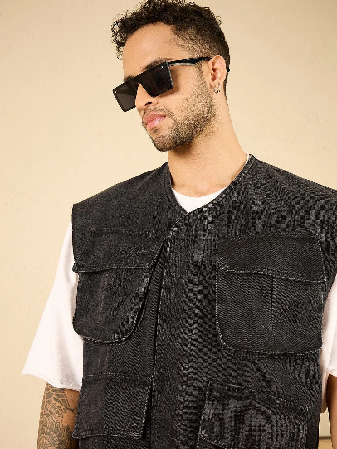 Black Wash Denim Utility Sleeveless Jacket