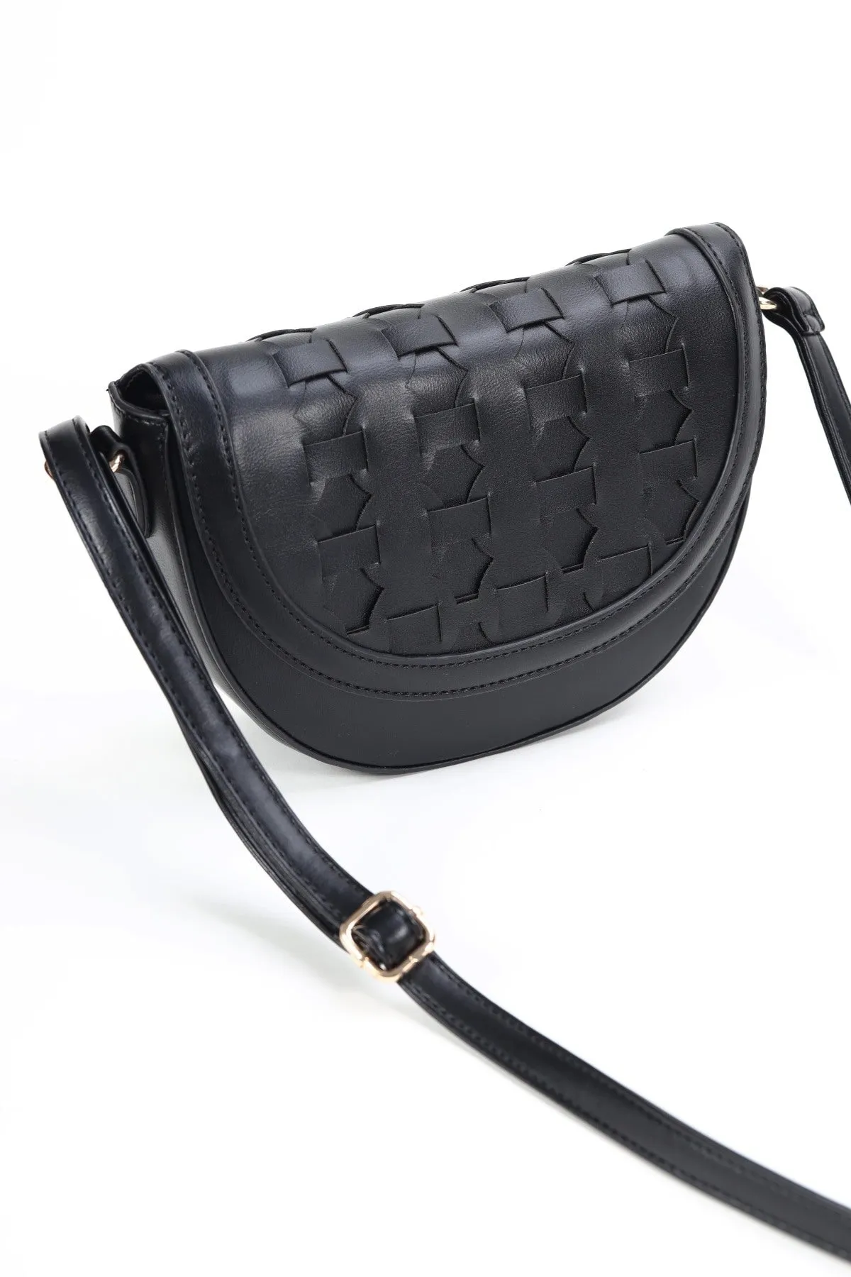 Black Woven Crossbody Saddle Bag