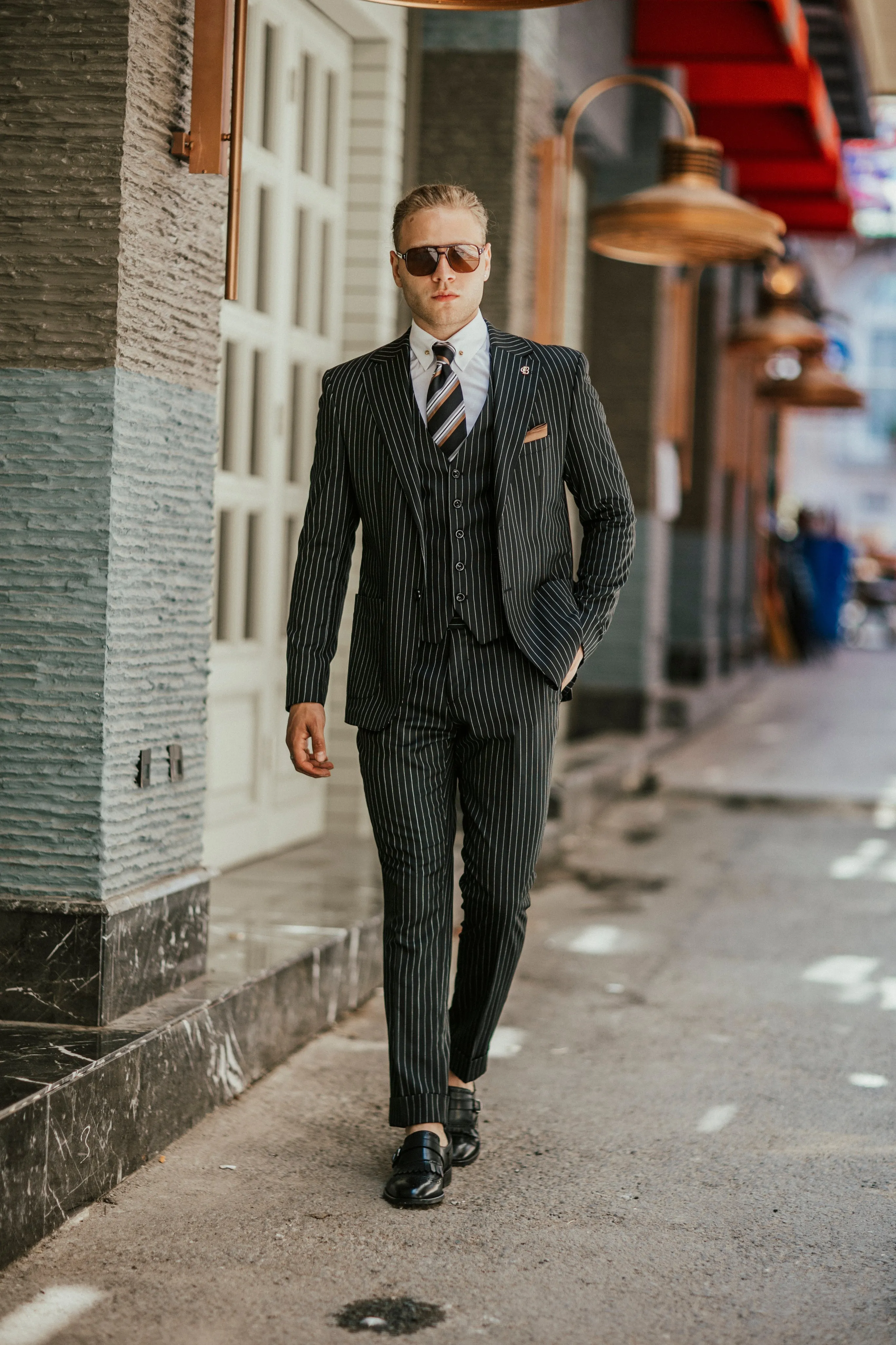 Bojoni Cagliari Black Striped Slim-Fit Suit 3-Piece