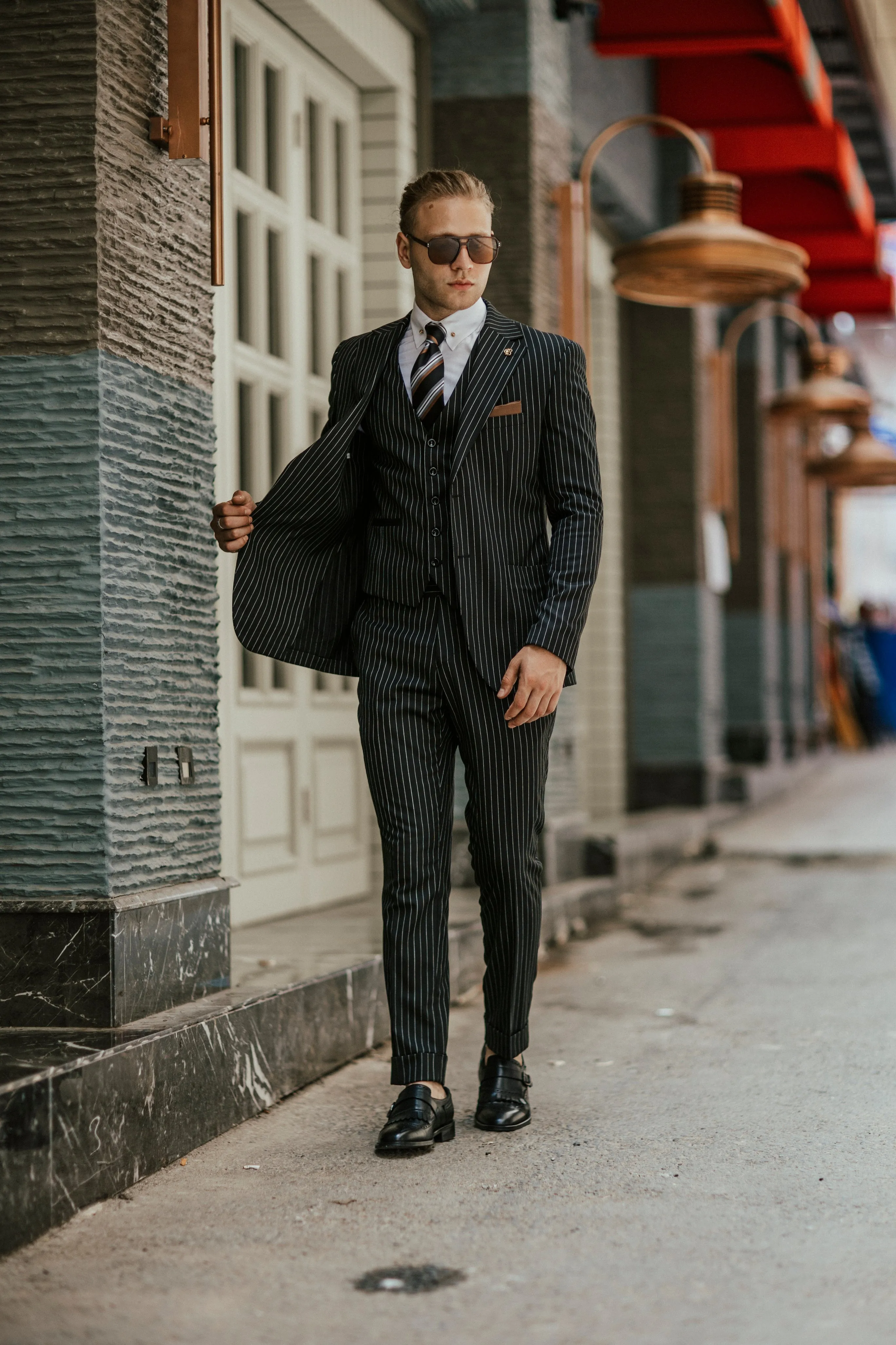 Bojoni Cagliari Black Striped Slim-Fit Suit 3-Piece