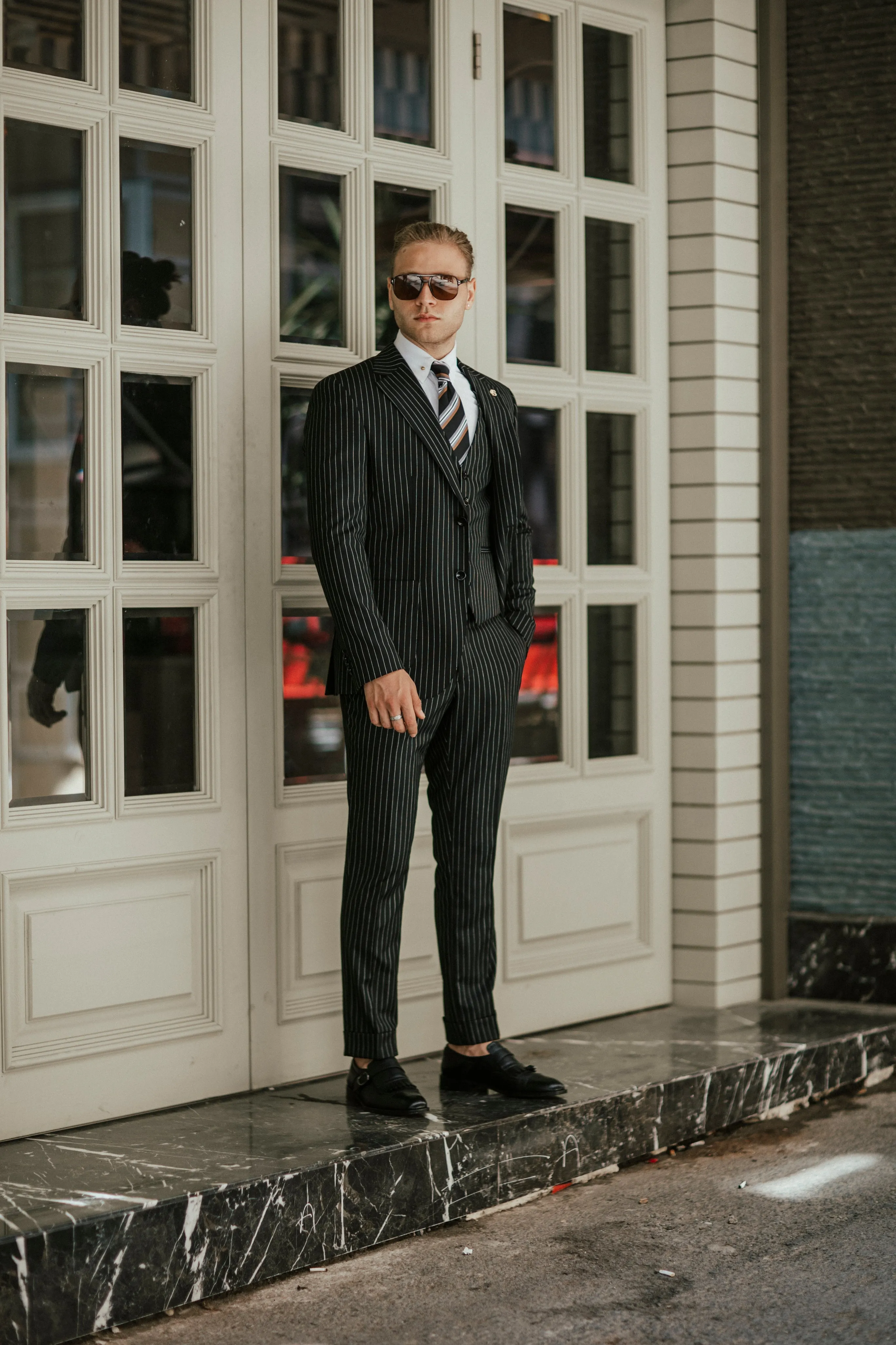 Bojoni Cagliari Black Striped Slim-Fit Suit 3-Piece