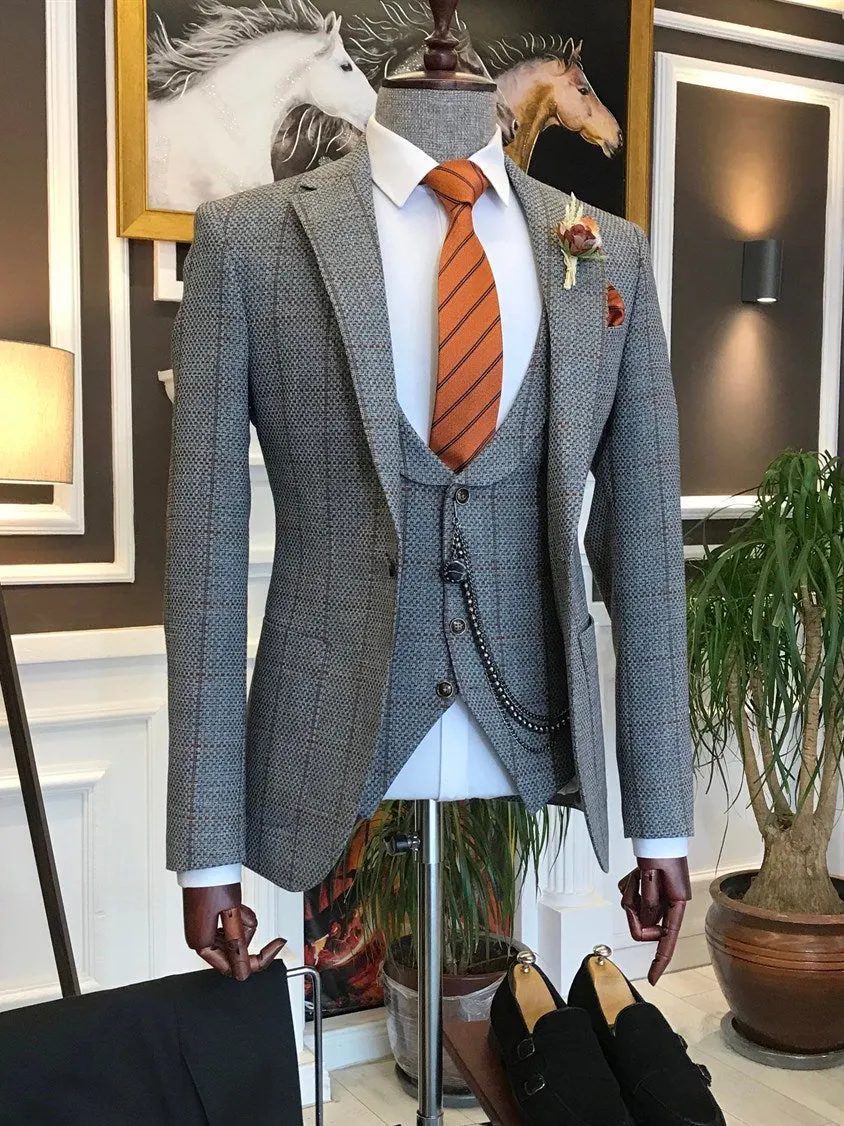 Bojoni Grey Plaid Slim-Fit Suit 3-Piece