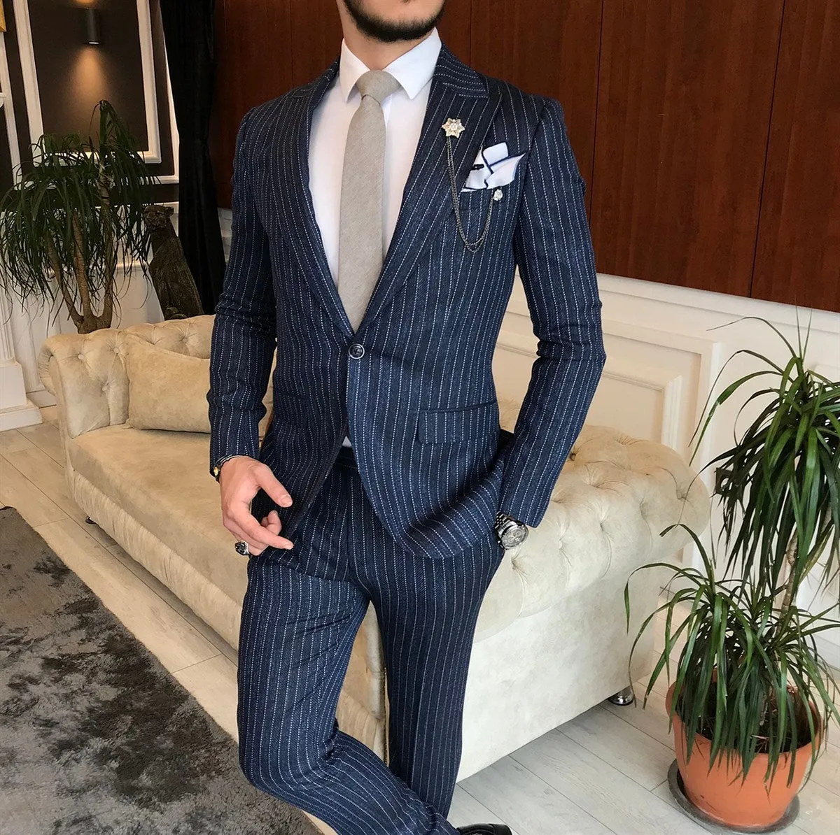 Bojoni Navy Striped Slim-Fit Suit 2-Piece