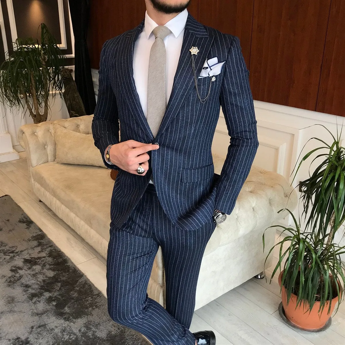 Bojoni Navy Striped Slim-Fit Suit 2-Piece