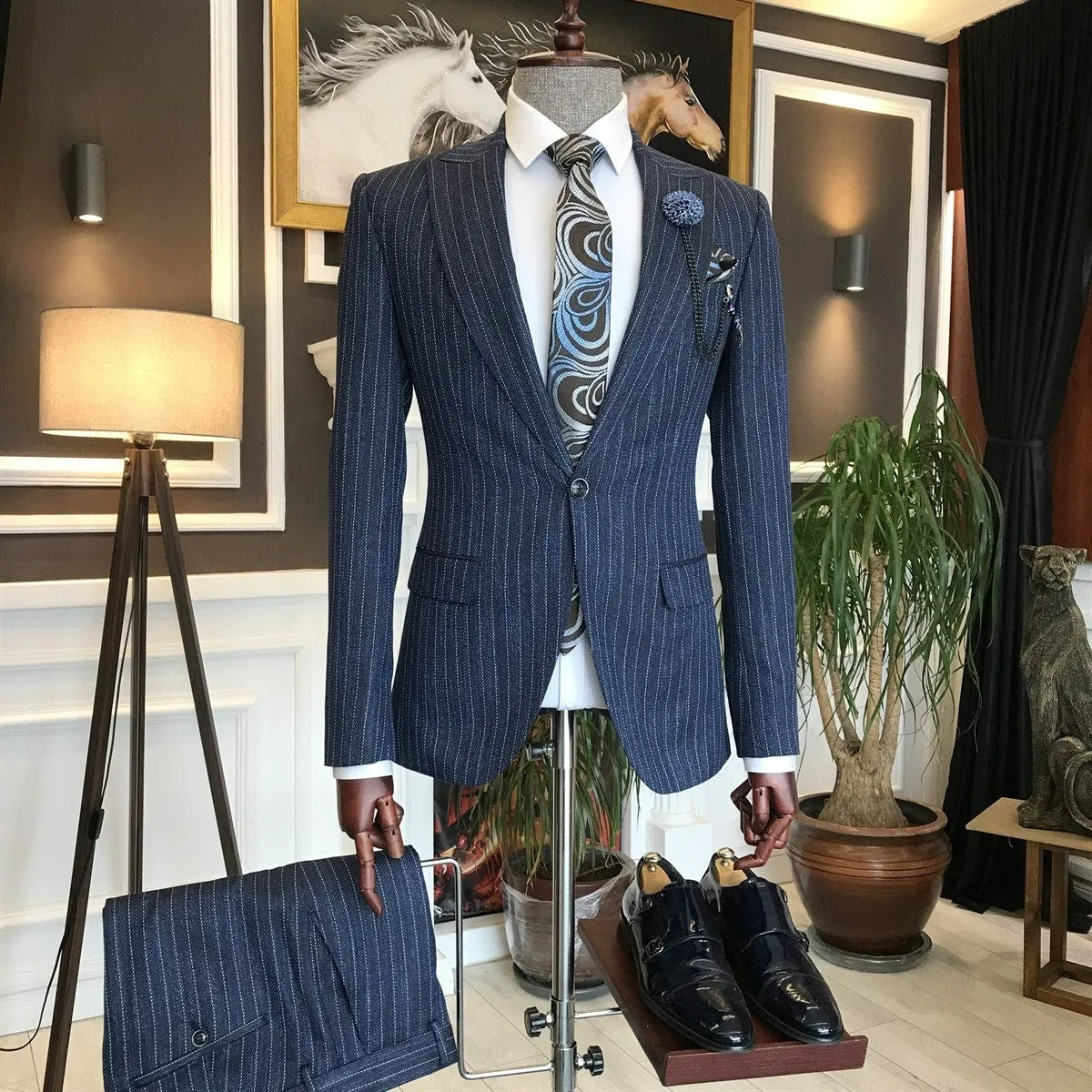 Bojoni Navy Striped Slim-Fit Suit 2-Piece