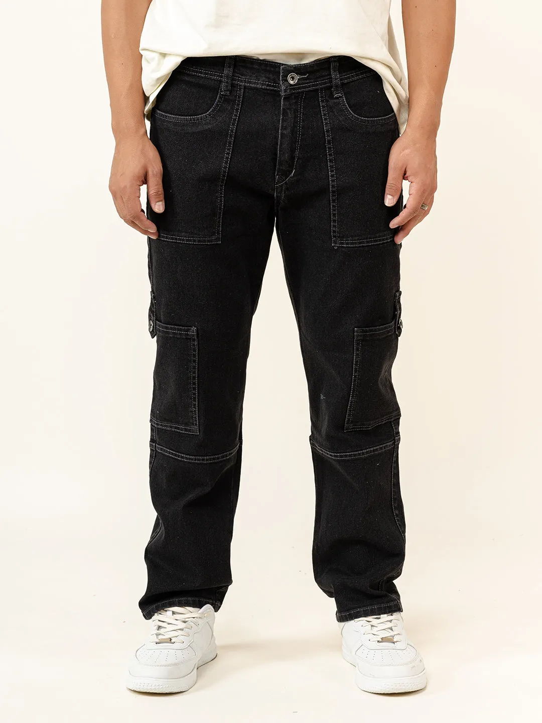 Carbon Black Comfort-Fit Cargo Denim Jeans