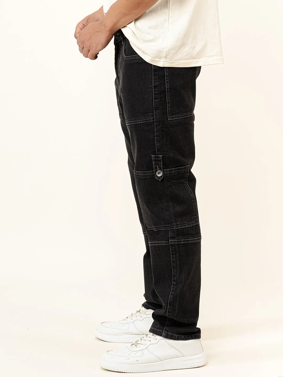 Carbon Black Comfort-Fit Cargo Denim Jeans