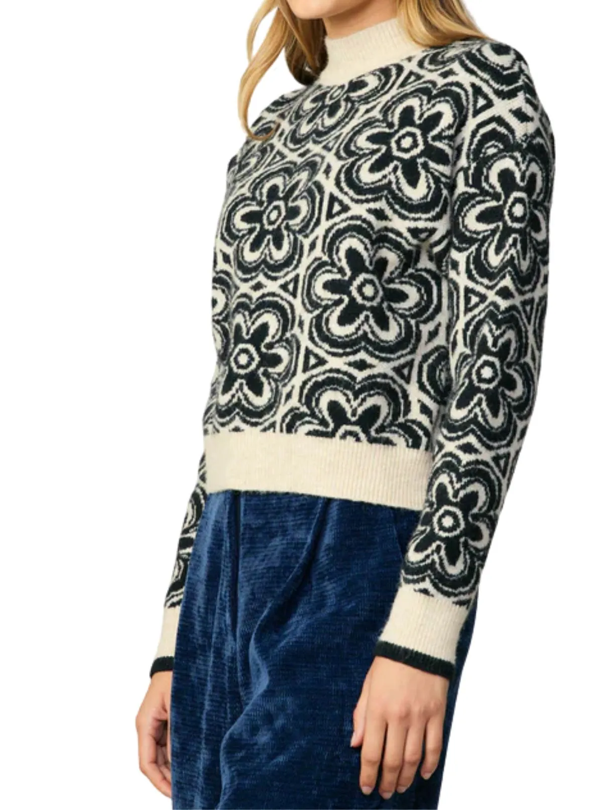 Current Air Jacquard Mock Neck Sweater in Cream/Black