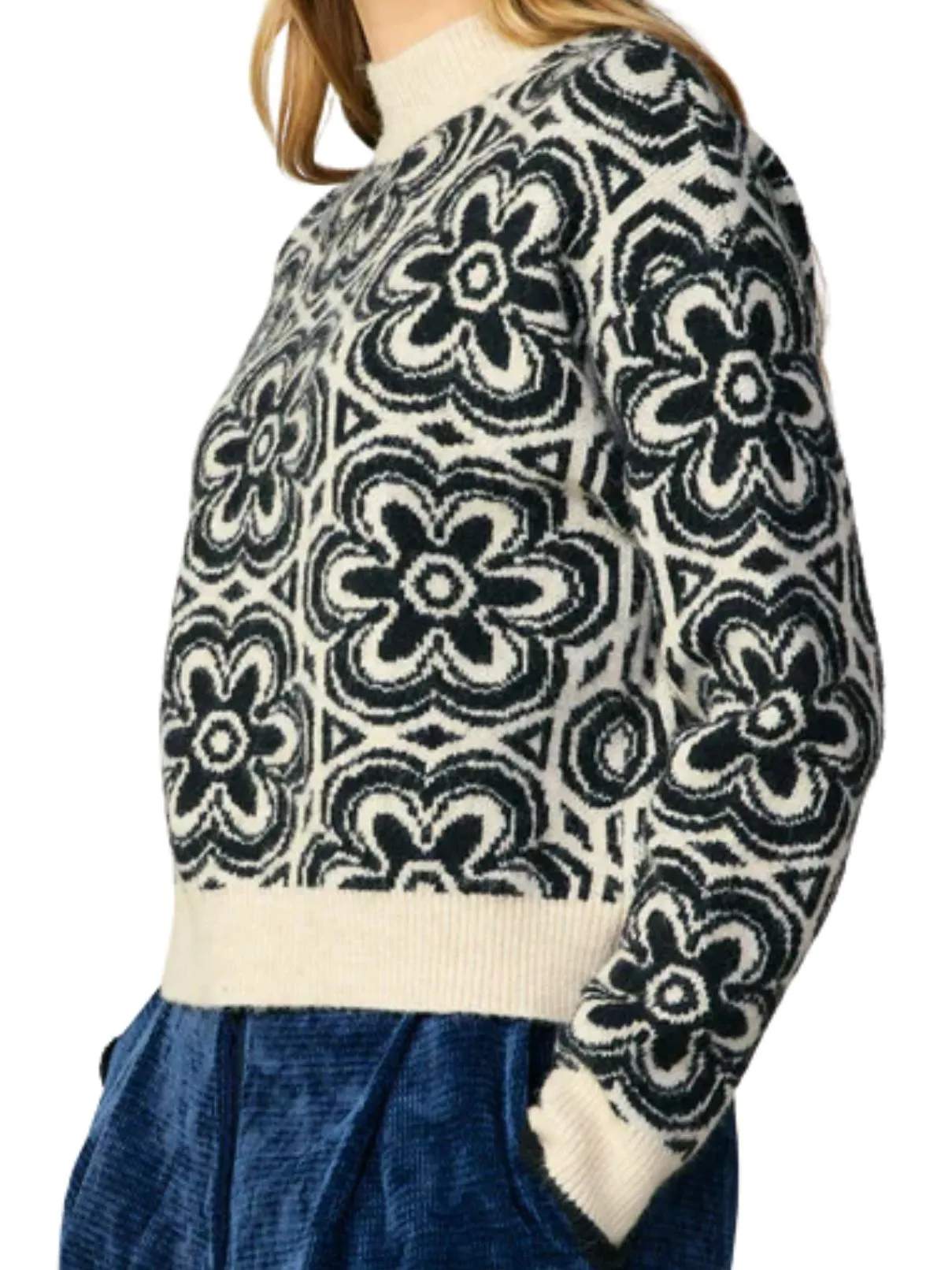 Current Air Jacquard Mock Neck Sweater in Cream/Black