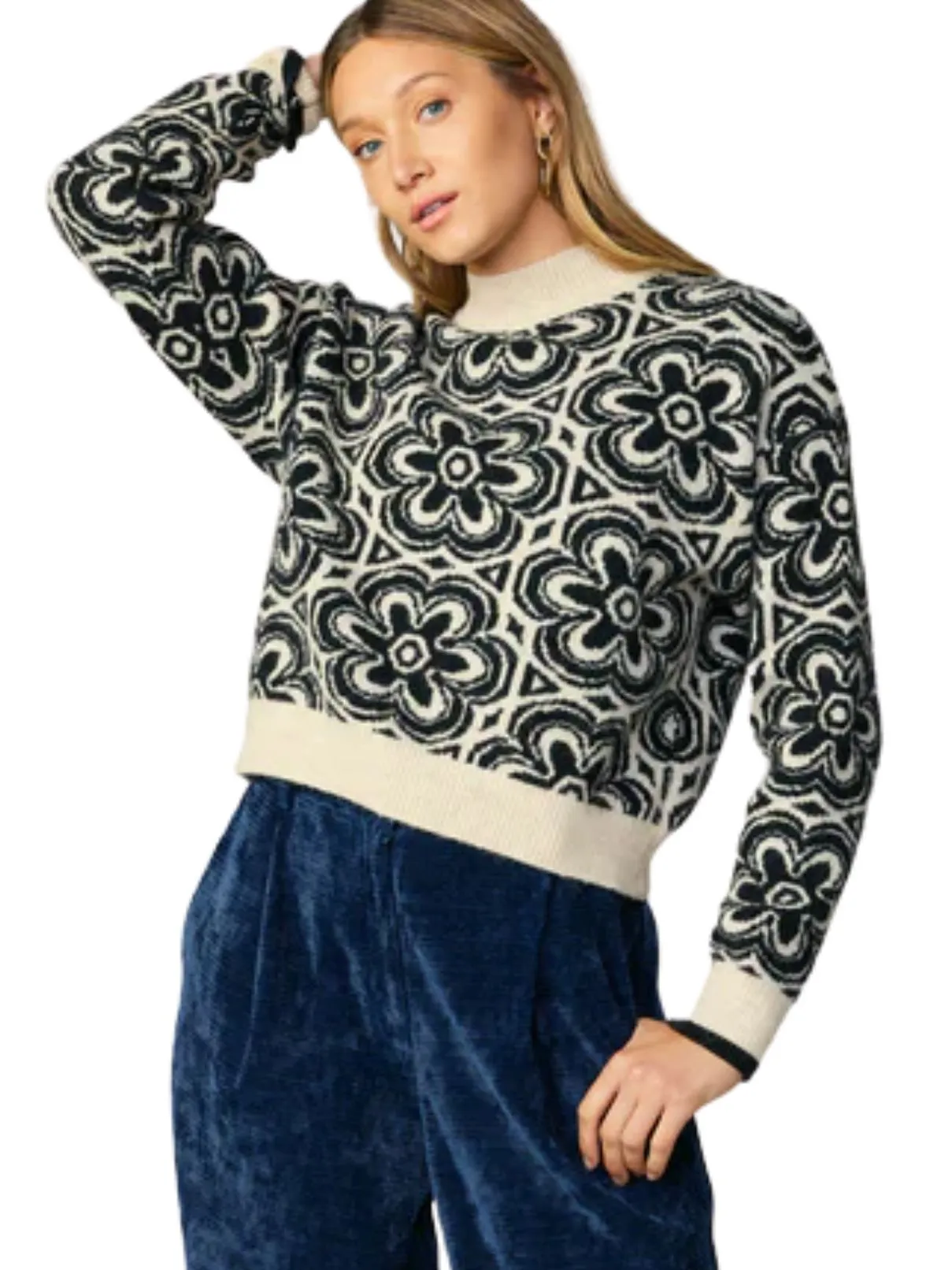 Current Air Jacquard Mock Neck Sweater in Cream/Black