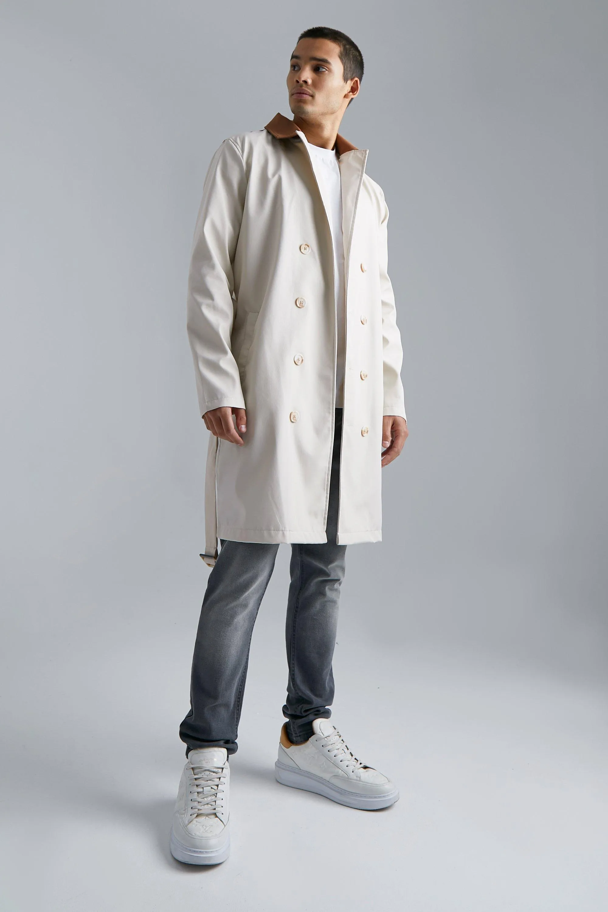 Double Breasted Colourblock Trench Coat | boohooMAN UK