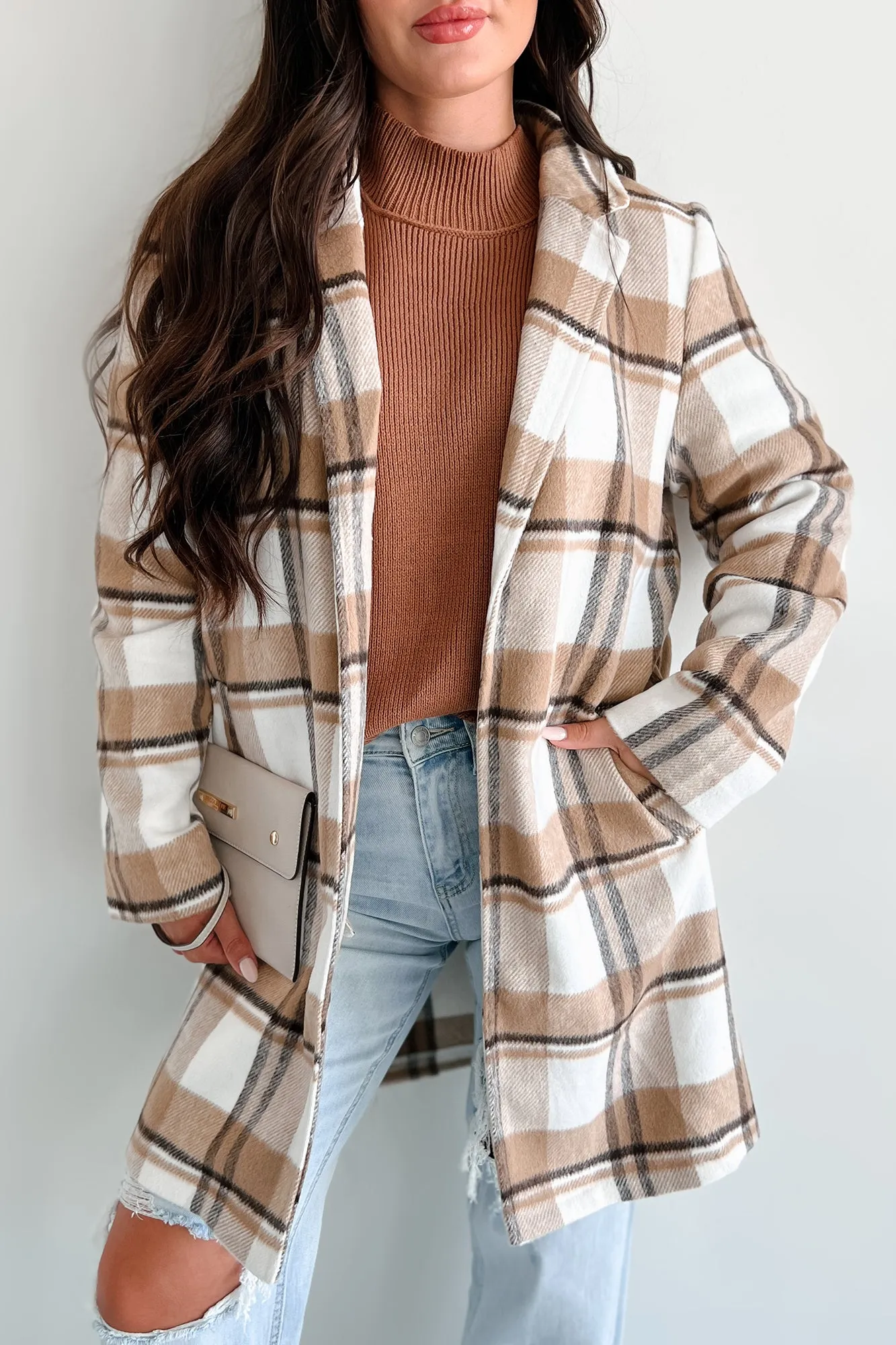 Dreaming Of More Open Front Plaid Coat (Camel)