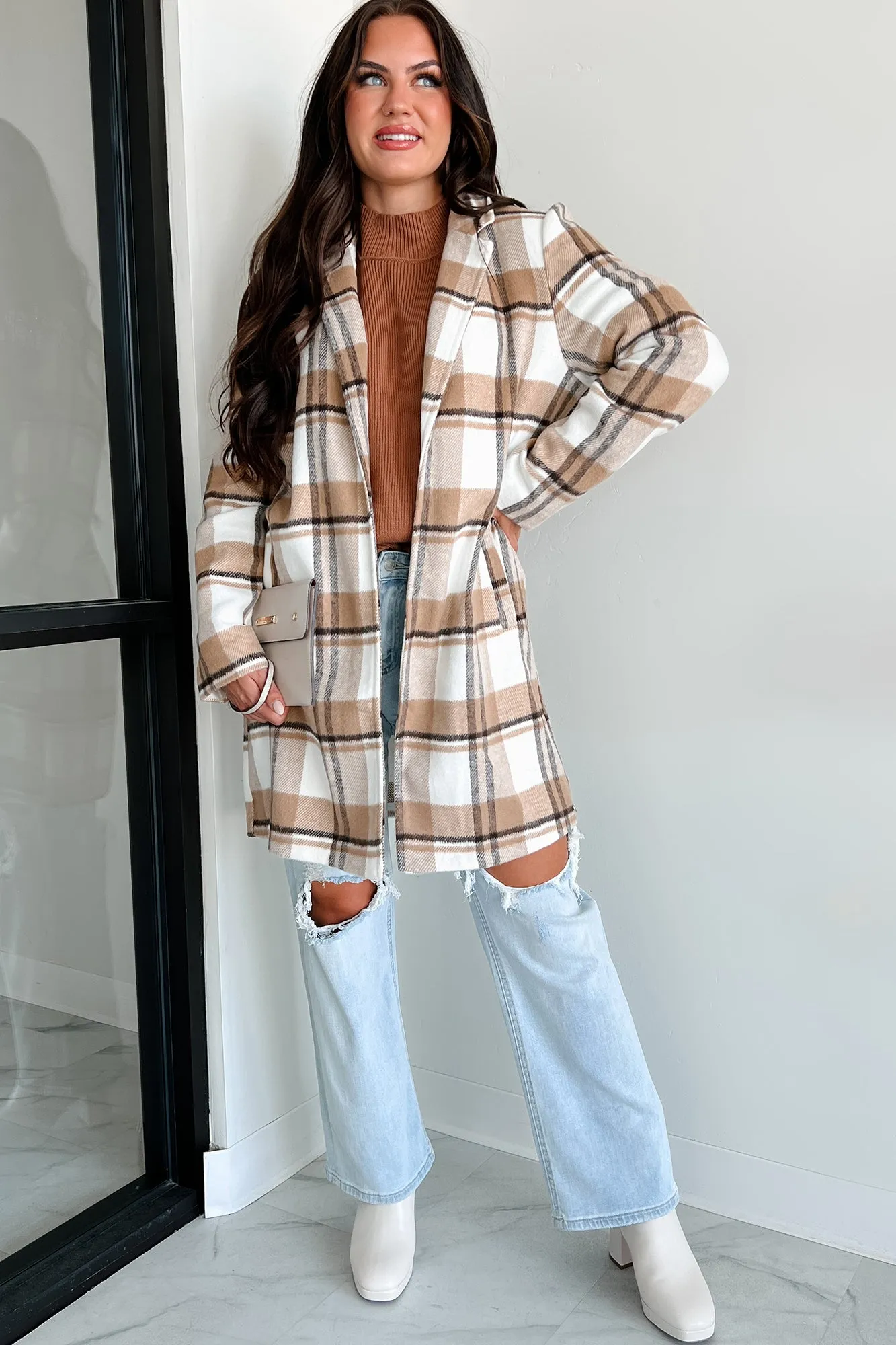 Dreaming Of More Open Front Plaid Coat (Camel)