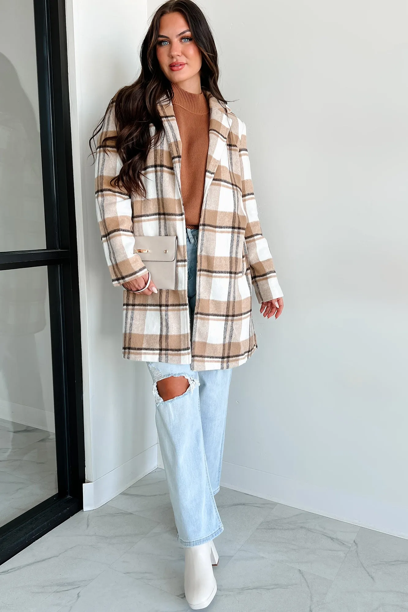 Dreaming Of More Open Front Plaid Coat (Camel)