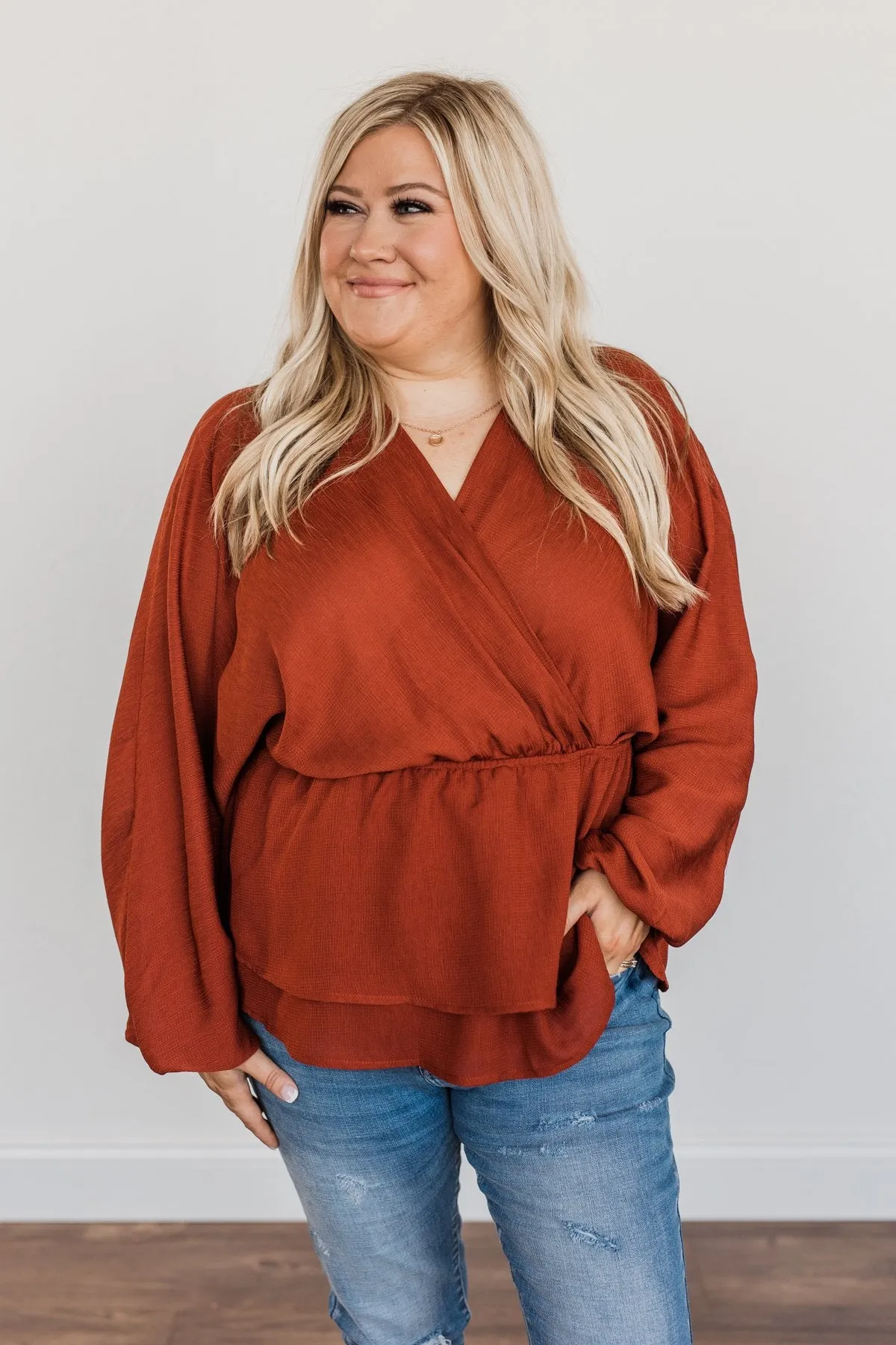 Effortlessly Elegant V-Neck Wrap Blouse- Deep Rust