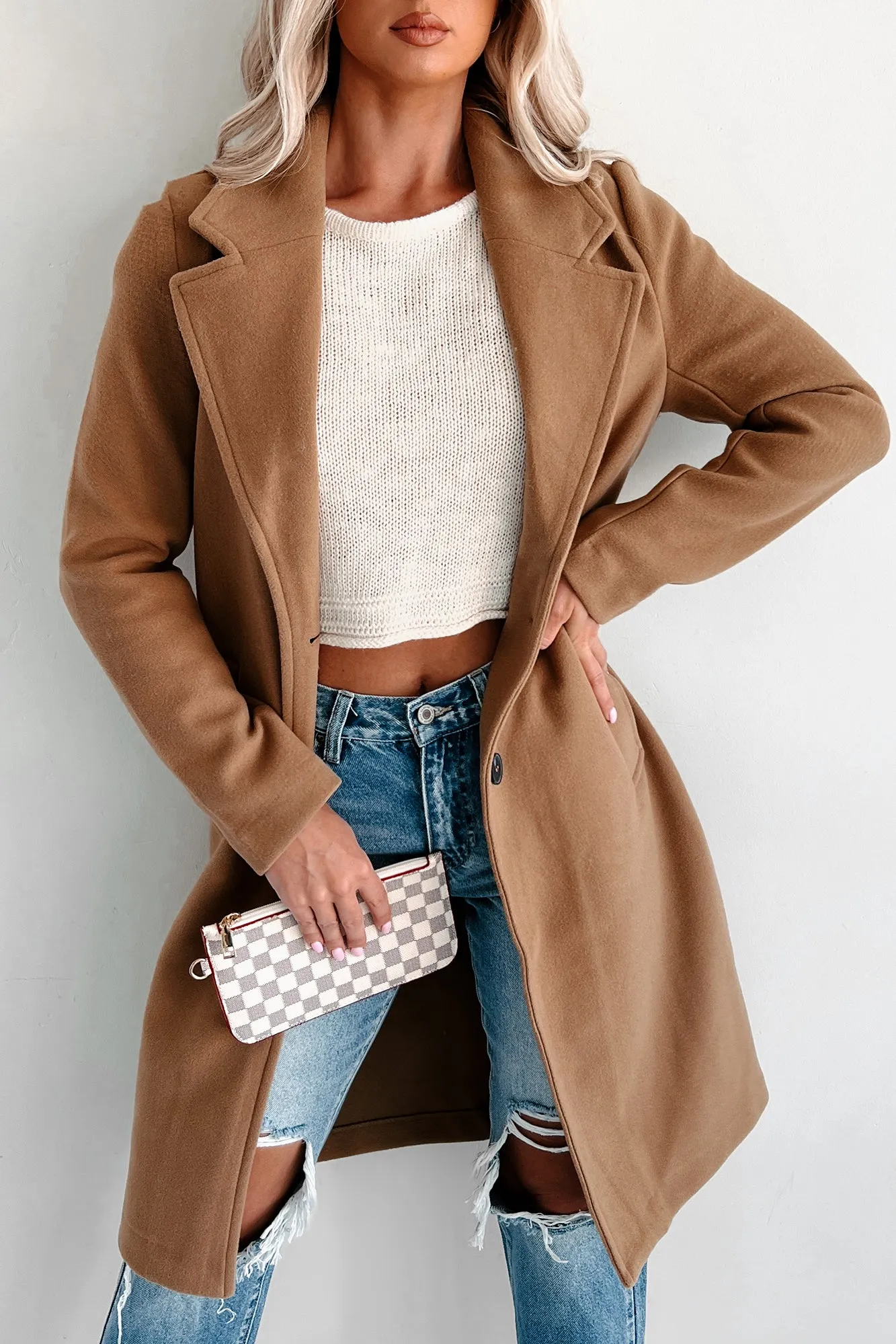 Fashionable For Fall Brushed Fleece Trench Coat (Camel)