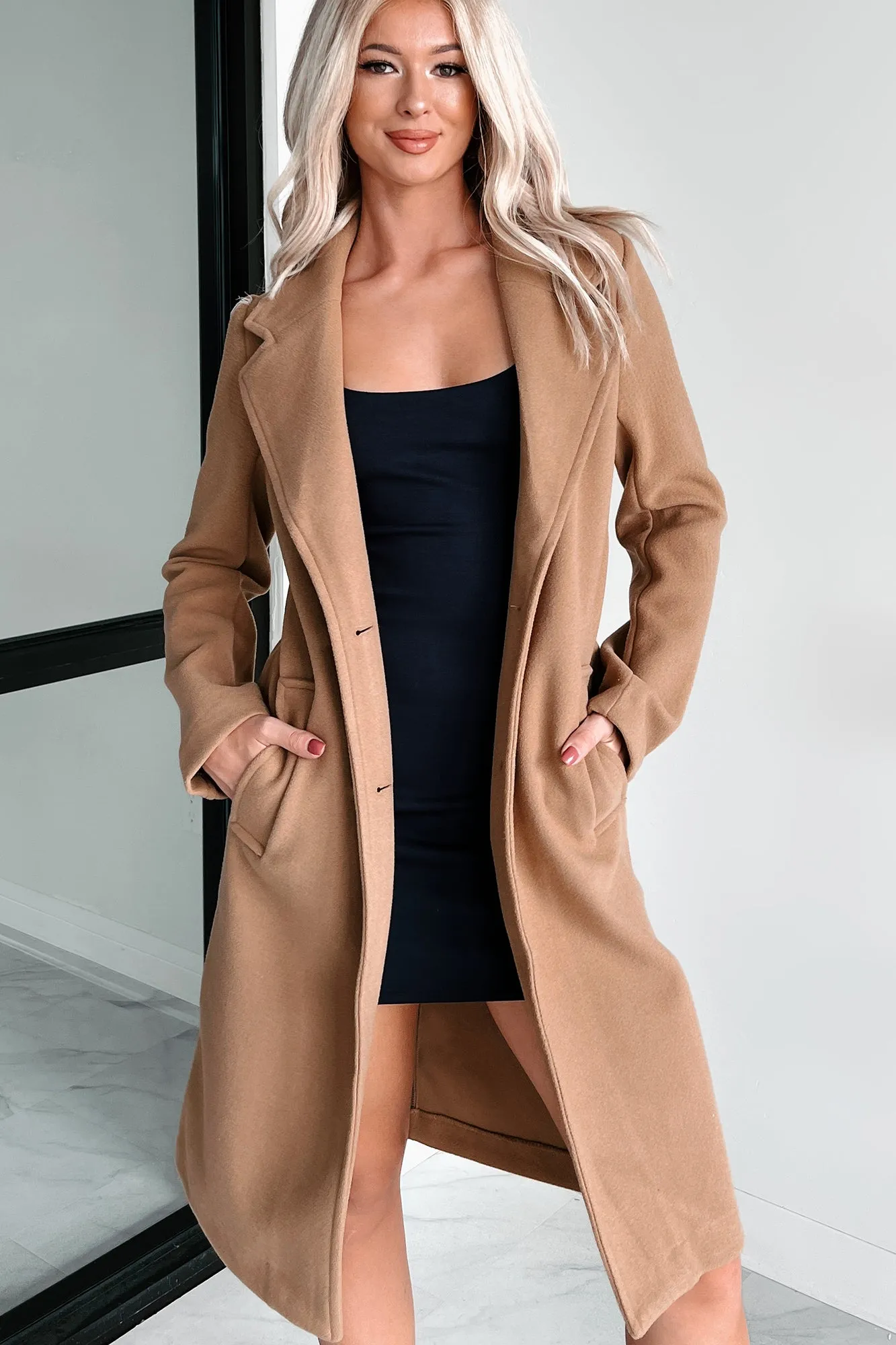 Fashionable For Fall Brushed Fleece Trench Coat (Camel)