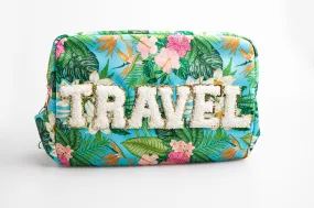 Floral Extra Large Nylon Pouch with T-R-A-V-E-L paches