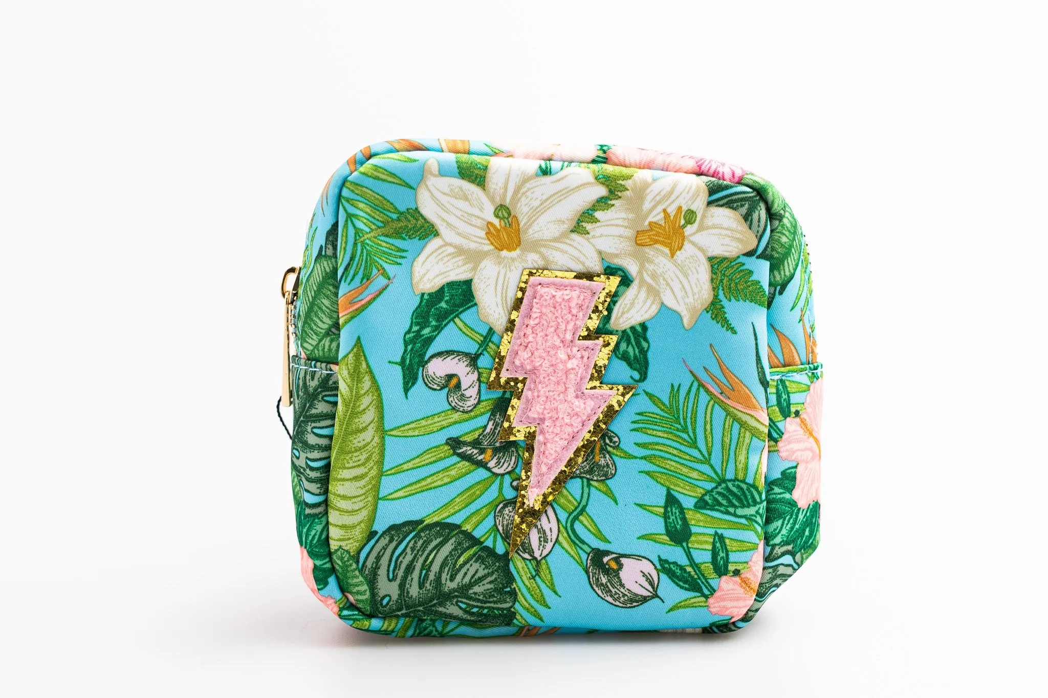 Floral Small Nylon Pouch with lightning bolt patch