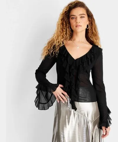 Future Collective Women's Ruffle Long Sleeve V-Neck Blouse