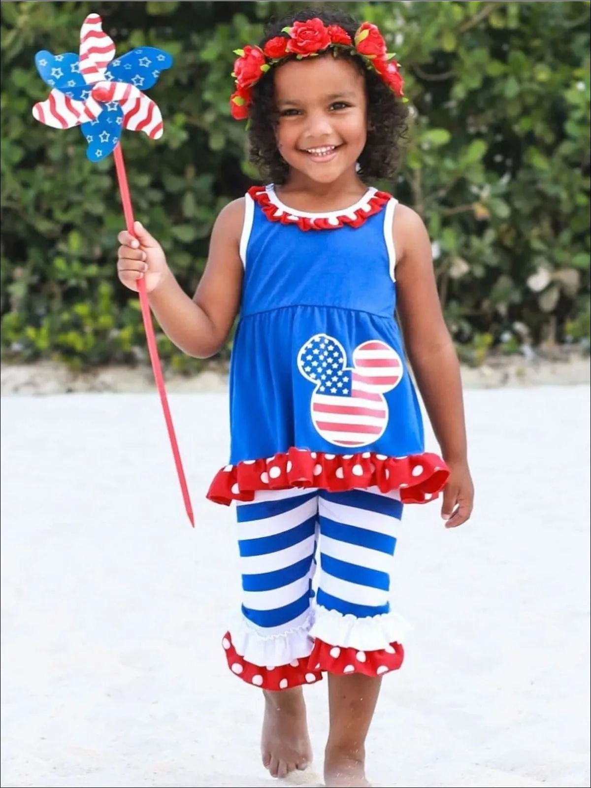 Girls 4th of July Sleeveless Ruffled Polka Dot Mouse Tunic And Striped Flared Ruffled Legging Set