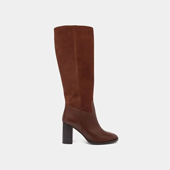 Heeled boots in cognac leather and suede