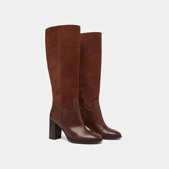 Heeled boots in cognac leather and suede