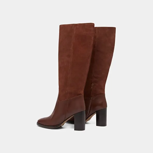 Heeled boots in cognac leather and suede