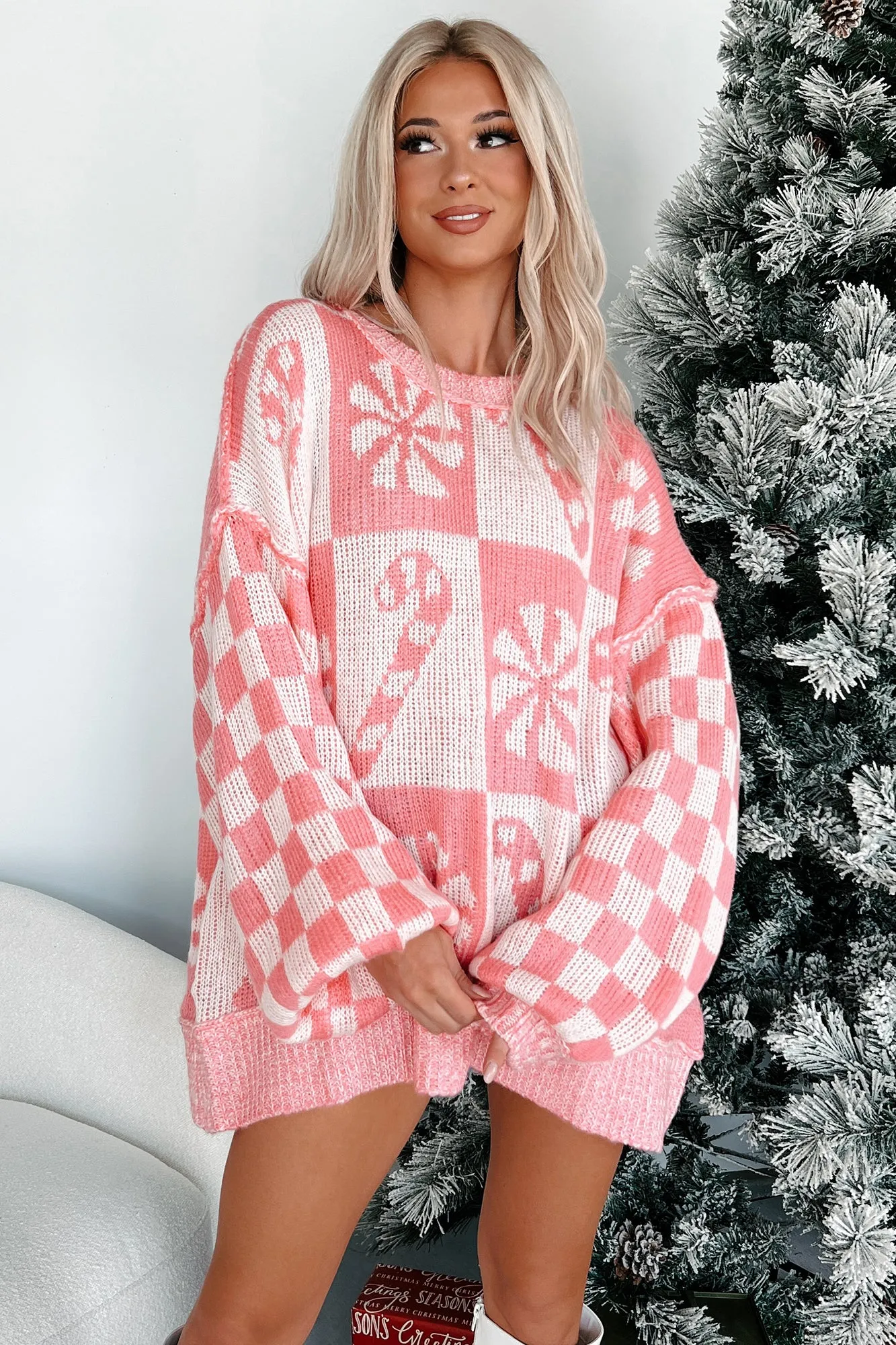 Holiday Sweets Checkered Sleeve Holiday Sweater (Pink)