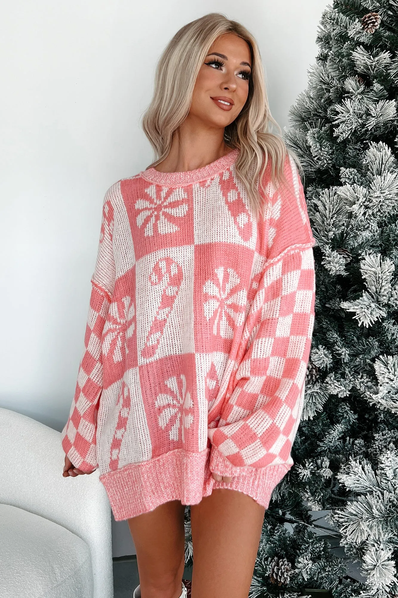 Holiday Sweets Checkered Sleeve Holiday Sweater (Pink)