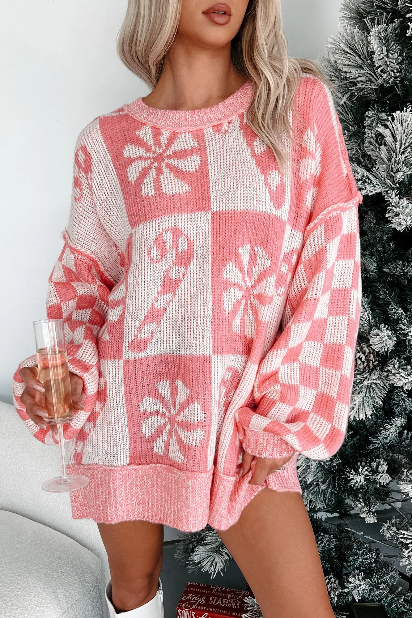 Holiday Sweets Checkered Sleeve Holiday Sweater (Pink)