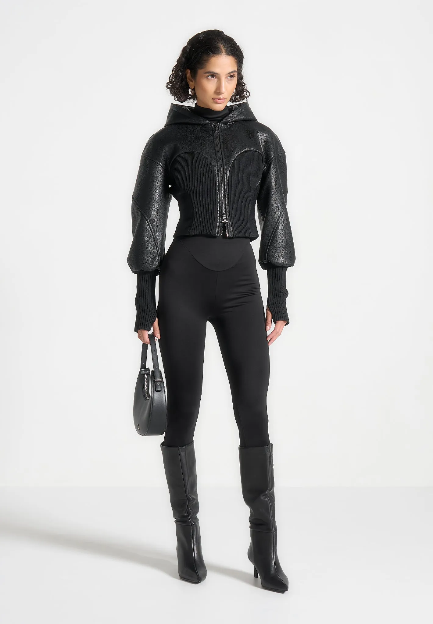 Hooded Pebbled Leather Contour Jacket - Black