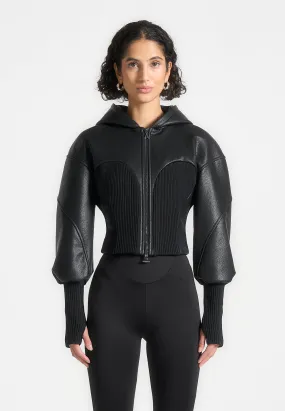 Hooded Pebbled Leather Contour Jacket - Black