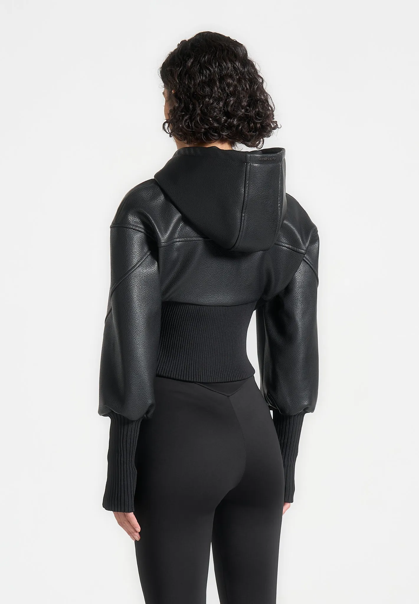 Hooded Pebbled Leather Contour Jacket - Black