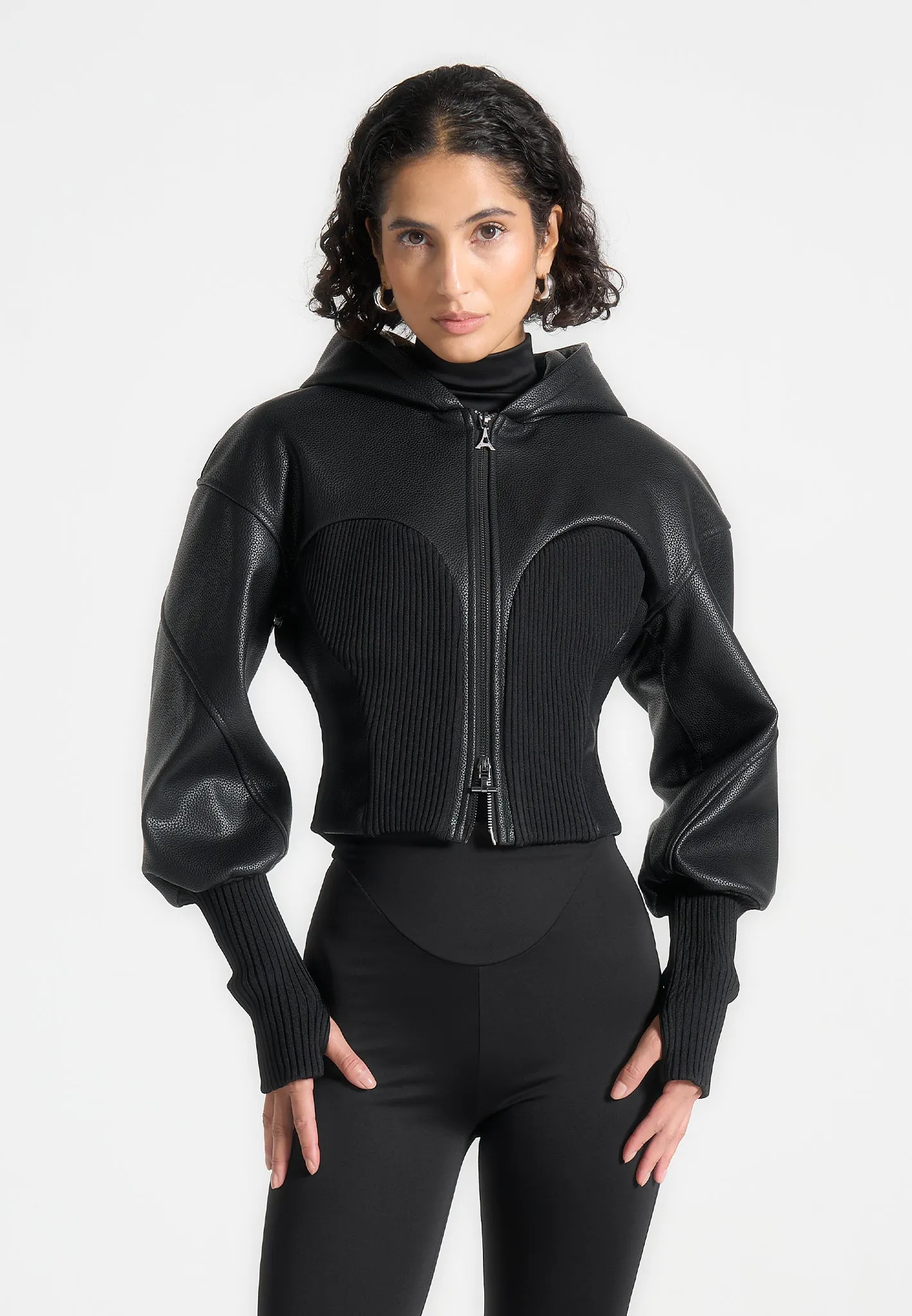 Hooded Pebbled Leather Contour Jacket - Black