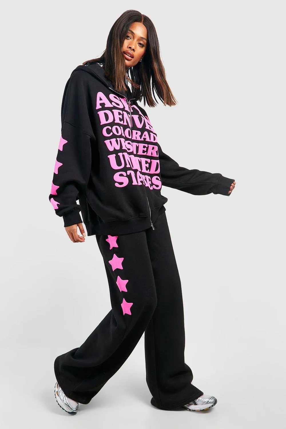 Hoodies & Sweatshirts | Star Slogan Puff Print Oversized Zip Through Hoodie | boohoo