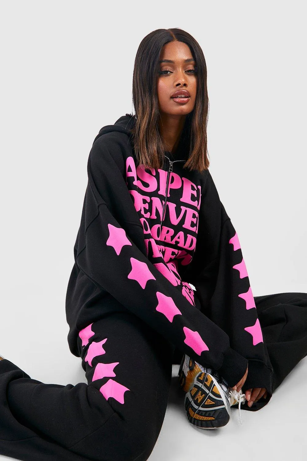 Hoodies & Sweatshirts | Star Slogan Puff Print Oversized Zip Through Hoodie | boohoo