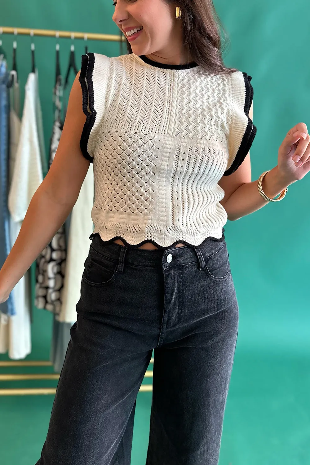 Ivory and Black Trim Knit Top