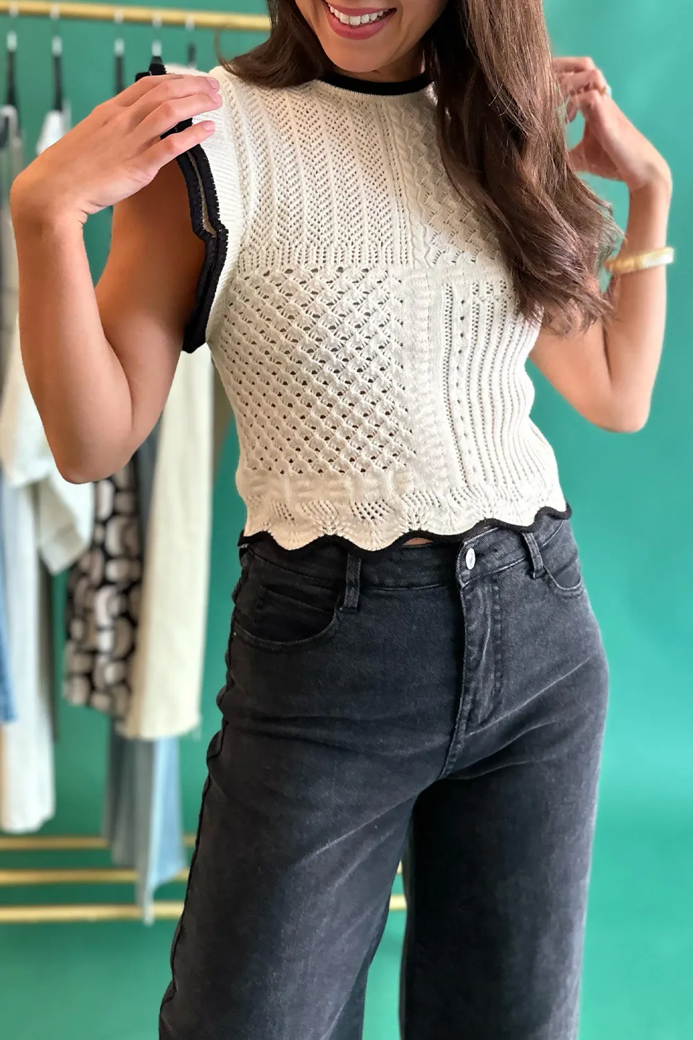 Ivory and Black Trim Knit Top